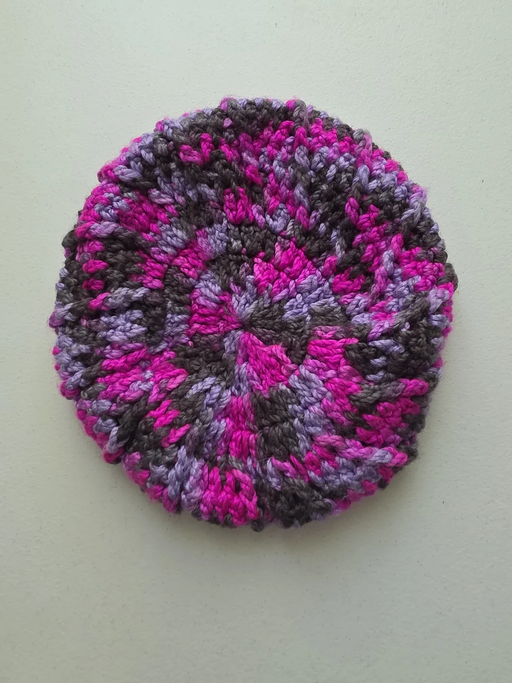 Handmade Crocheted Beret In Hot Pink, Lavender & Gray